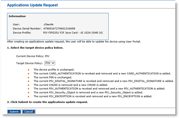 Applications Update Request dialog box where you can select the Target Device Policy